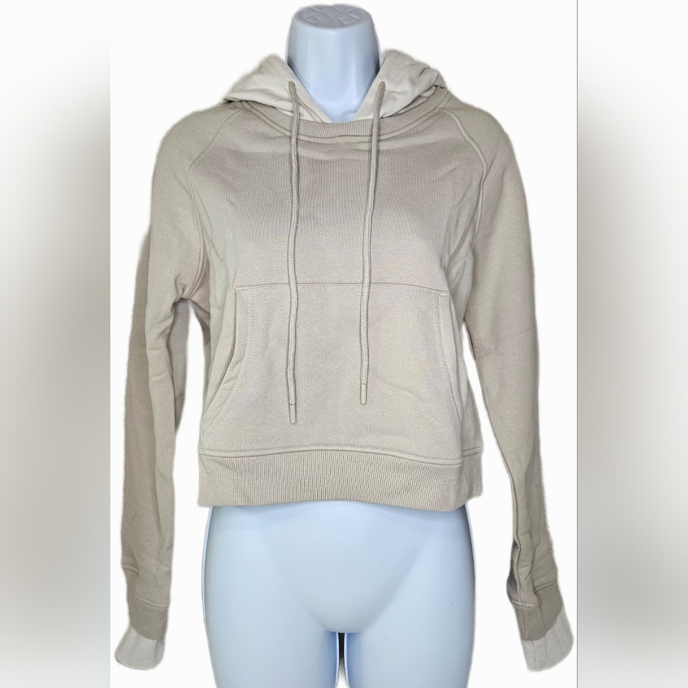 NWT Mono B Women's Two-Toned Long Sleeve Crop Hoodie KT-BR0765 Tan/Cream Size L
